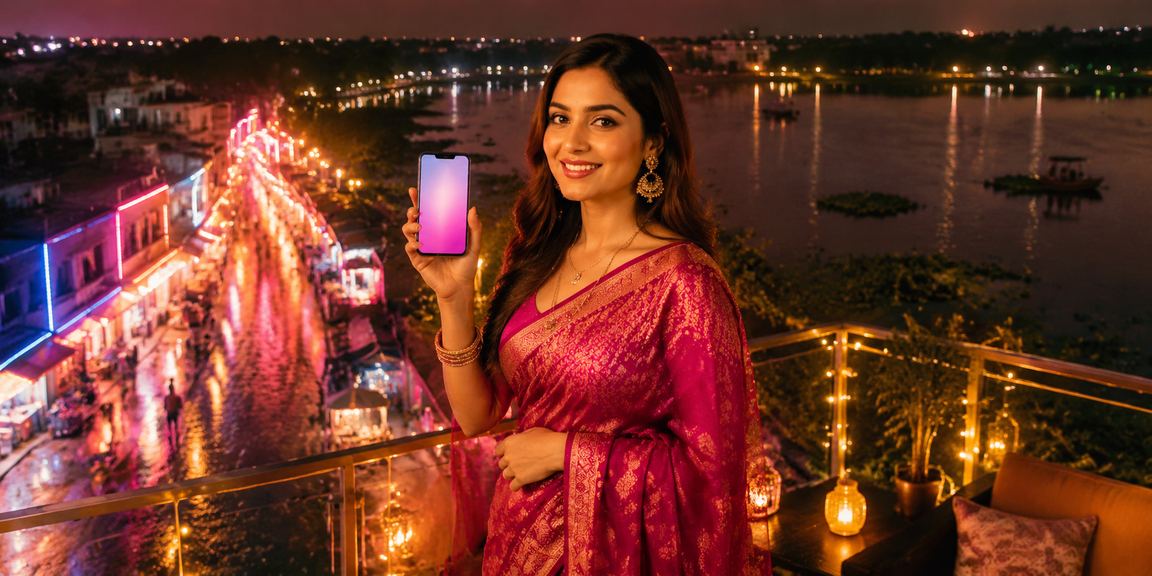 বাংলাদেশের রাতের বাজারে মোবাইল পেমেন্ট করছেন একজন ব্যবহারকারী